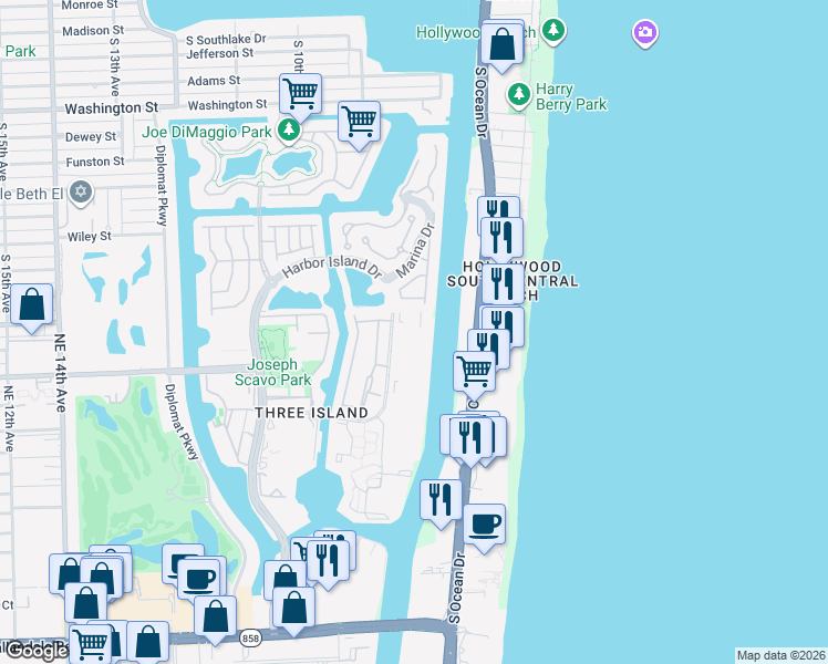 map of restaurants, bars, coffee shops, grocery stores, and more near 1000 Parkview Drive in Hallandale Beach