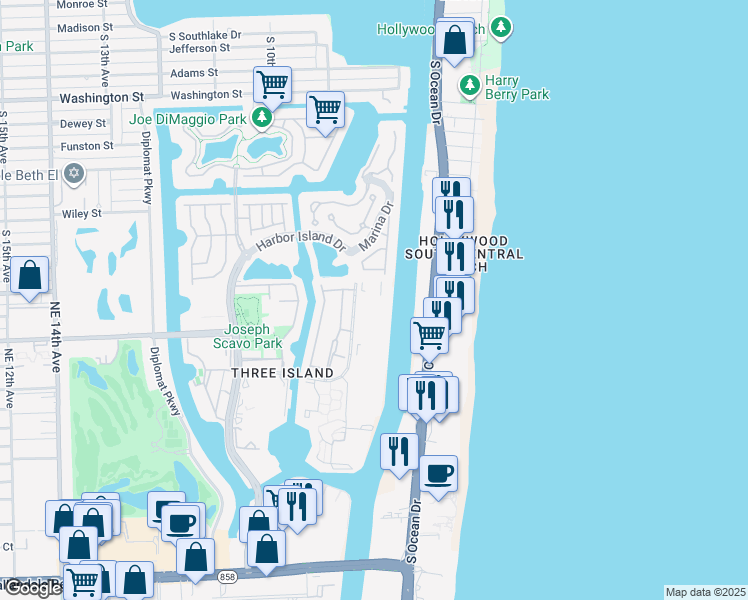 map of restaurants, bars, coffee shops, grocery stores, and more near 1000 Parkview Drive in Hallandale Beach