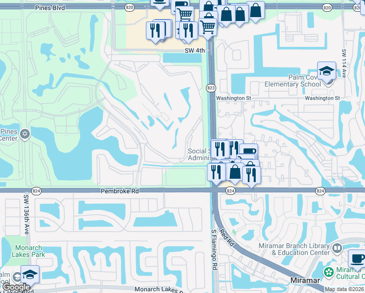 map of restaurants, bars, coffee shops, grocery stores, and more near 1300 Southwest 125th Avenue in Pembroke Pines