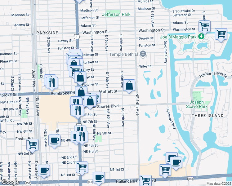 map of restaurants, bars, coffee shops, grocery stores, and more near 1100 Moffett Street in Hallandale Beach