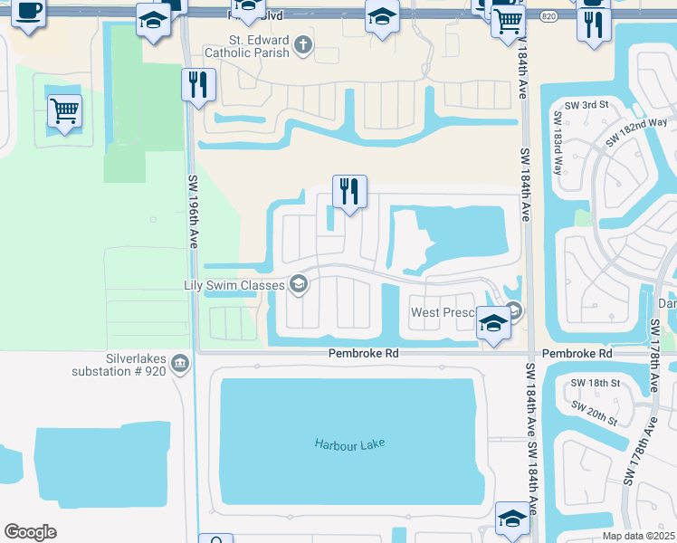 map of restaurants, bars, coffee shops, grocery stores, and more near 19001 Southwest 15th Street in Pembroke Pines