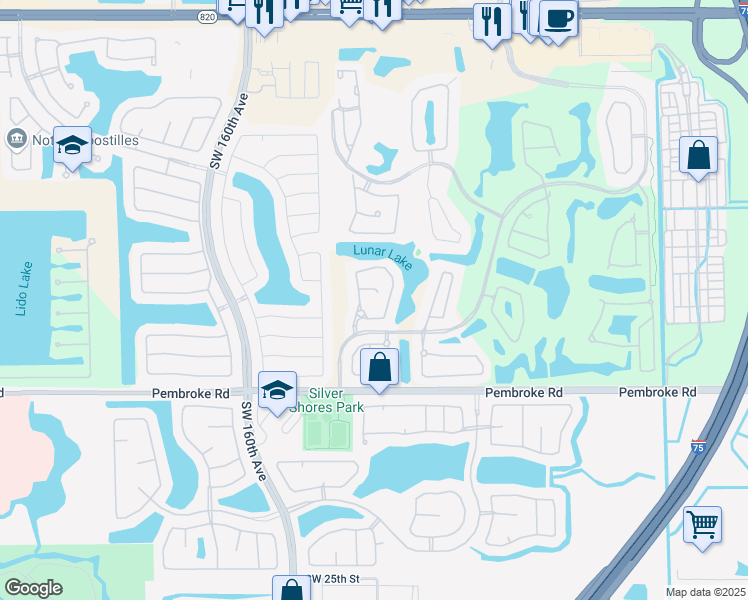 map of restaurants, bars, coffee shops, grocery stores, and more near 15844 Southwest 14th Court in Pembroke Pines