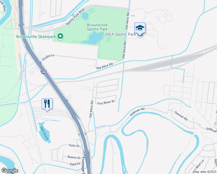 map of restaurants, bars, coffee shops, grocery stores, and more near 6053-6057 Blanco River Street in Brownsville