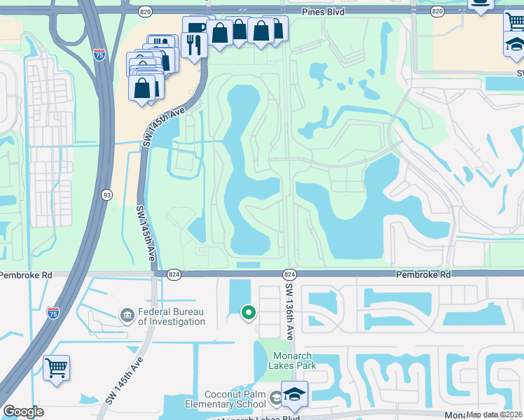 map of restaurants, bars, coffee shops, grocery stores, and more near 13701 Southwest 12th Street in Pembroke Pines