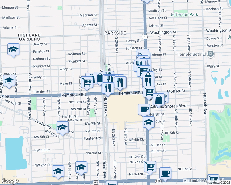 map of restaurants, bars, coffee shops, grocery stores, and more near 1910 Pembroke Road in Hallandale Beach