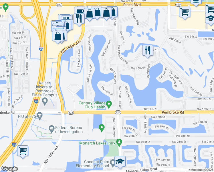 map of restaurants, bars, coffee shops, grocery stores, and more near 13702 Southwest 12th Street in Pembroke Pines