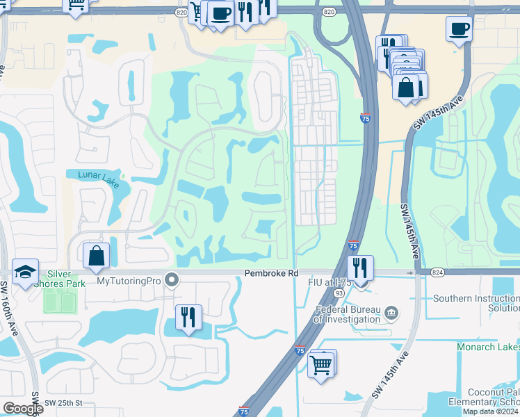 map of restaurants, bars, coffee shops, grocery stores, and more near 14943 Southwest 15th Street in Pembroke Pines