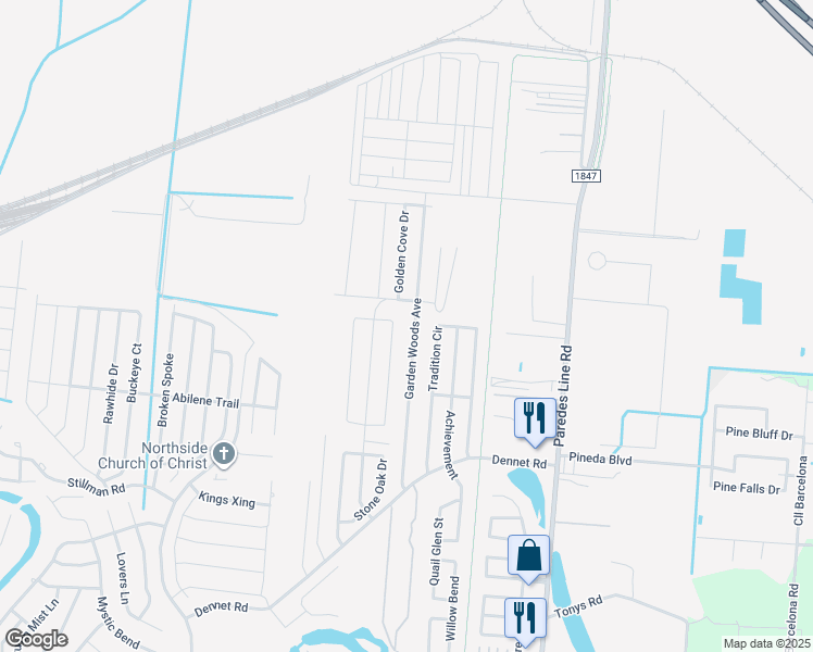 map of restaurants, bars, coffee shops, grocery stores, and more near 6705 Garden Woods Avenue in Brownsville