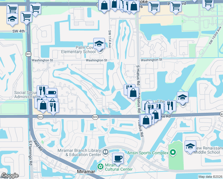 map of restaurants, bars, coffee shops, grocery stores, and more near 11336 Southwest 12th Street in Pembroke Pines