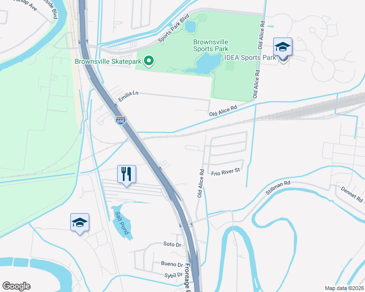 map of restaurants, bars, coffee shops, grocery stores, and more near 6376 N Expressway in Brownsville