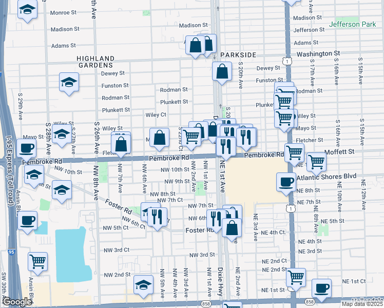 map of restaurants, bars, coffee shops, grocery stores, and more near 1696 South 22nd Avenue in Hollywood