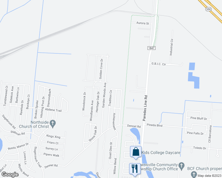 map of restaurants, bars, coffee shops, grocery stores, and more near 6463 Tradition Circle in Brownsville
