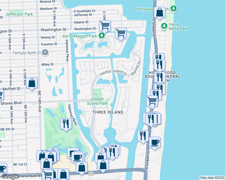 map of restaurants, bars, coffee shops, grocery stores, and more near 934 Northeast 25th Avenue in Hallandale Beach