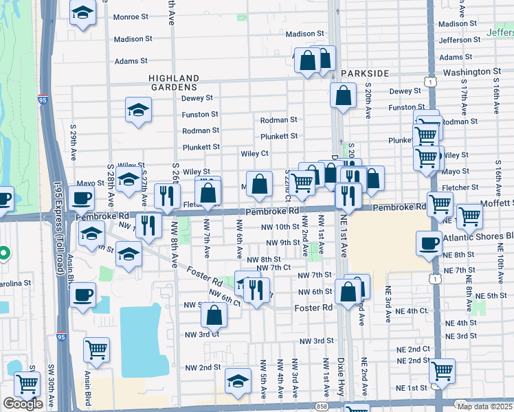 map of restaurants, bars, coffee shops, grocery stores, and more near 2329 Pembroke Road in Hollywood
