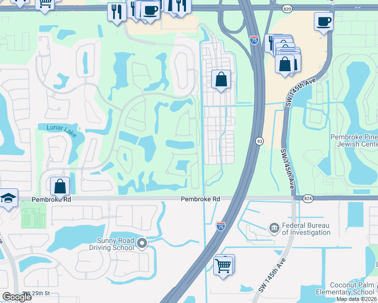 map of restaurants, bars, coffee shops, grocery stores, and more near 14943 Southwest 15th Street in Pembroke Pines