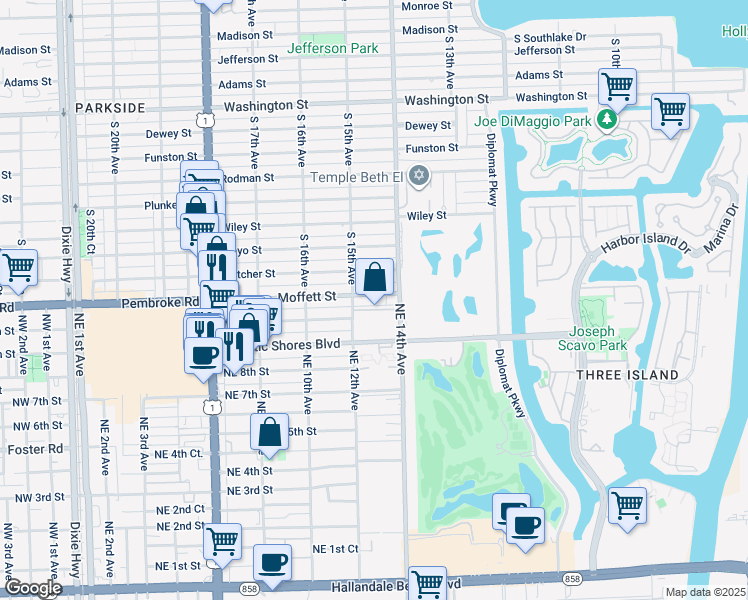 map of restaurants, bars, coffee shops, grocery stores, and more near 1300 Moffett Street in Hallandale Beach