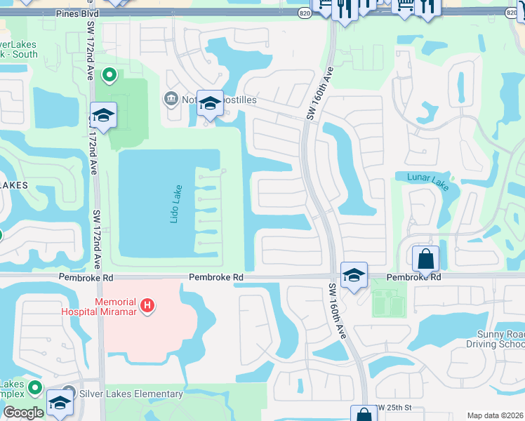 map of restaurants, bars, coffee shops, grocery stores, and more near 16334 Southwest 11th Street in Pembroke Pines