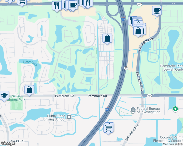 map of restaurants, bars, coffee shops, grocery stores, and more near 14943 Southwest 15th Street in Pembroke Pines