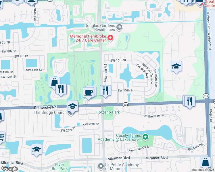 map of restaurants, bars, coffee shops, grocery stores, and more near 1440 Southwest 88th Avenue in Pembroke Pines