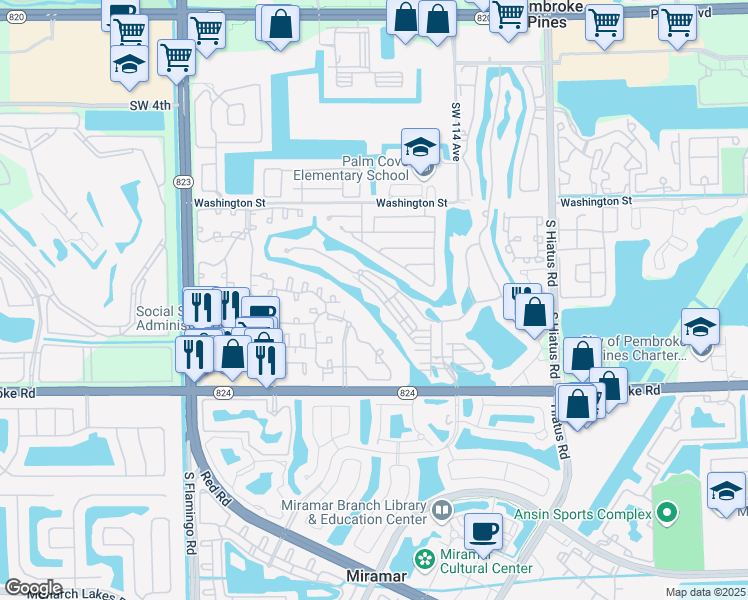 map of restaurants, bars, coffee shops, grocery stores, and more near 11716 Southwest 13th Lane in Pembroke Pines