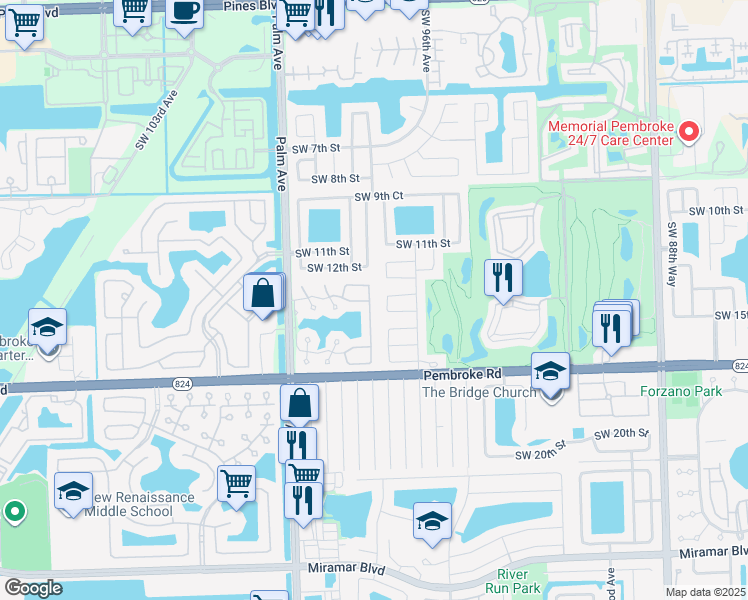 map of restaurants, bars, coffee shops, grocery stores, and more near 1401 Southwest 98th Avenue in Pembroke Pines