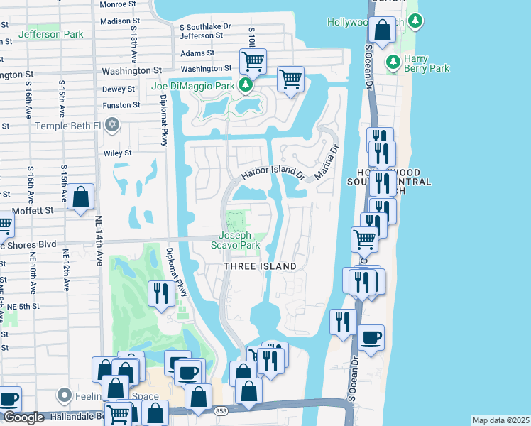 map of restaurants, bars, coffee shops, grocery stores, and more near 934 Northeast 25th Avenue in Hallandale Beach