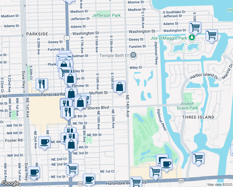 map of restaurants, bars, coffee shops, grocery stores, and more near 1000 Northeast 12th Avenue in Hallandale Beach