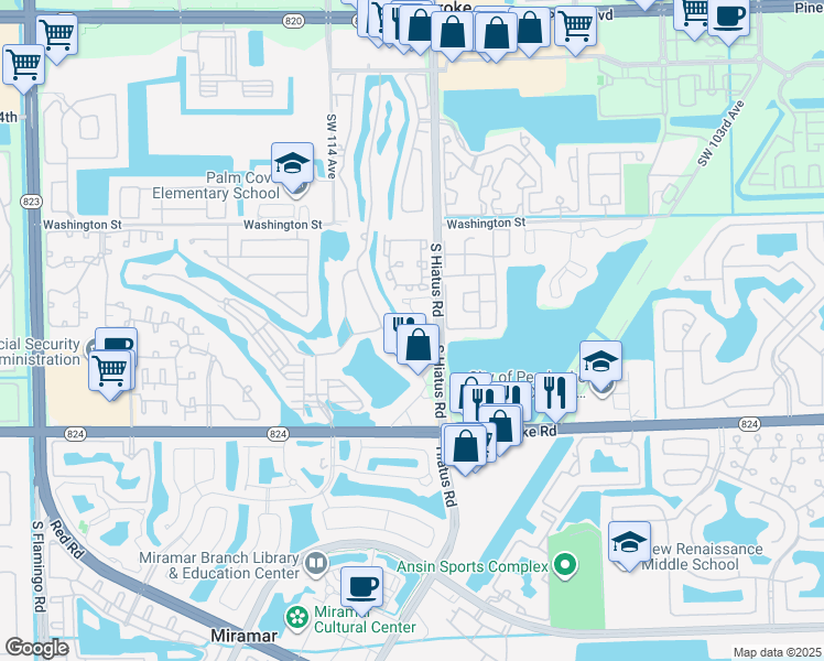 map of restaurants, bars, coffee shops, grocery stores, and more near 11300 Southwest 13th Street in Pembroke Pines