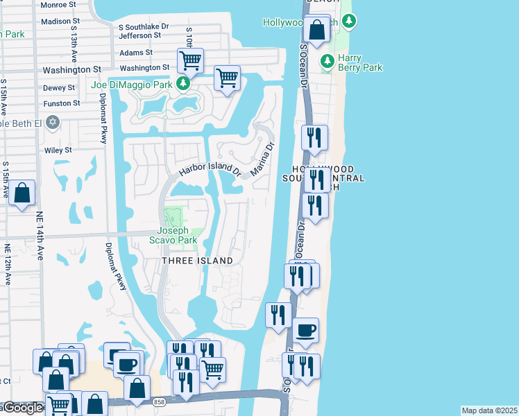 map of restaurants, bars, coffee shops, grocery stores, and more near 1000 Parkview Drive in Hallandale Beach