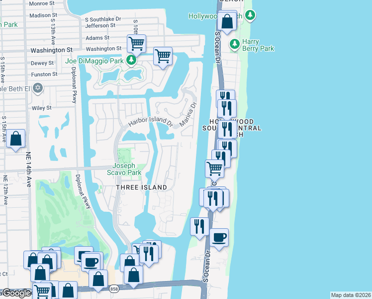 map of restaurants, bars, coffee shops, grocery stores, and more near 1000 Parkview Drive in Hallandale Beach