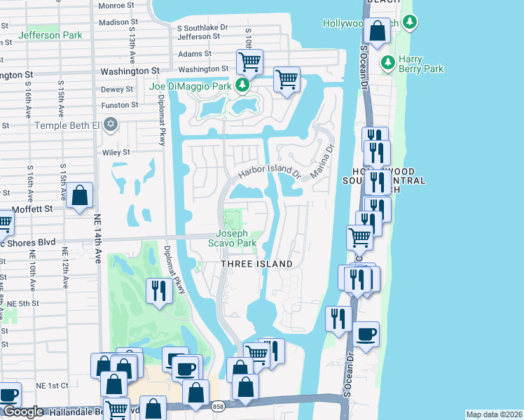 map of restaurants, bars, coffee shops, grocery stores, and more near 934 Northeast 25th Avenue in Hallandale Beach