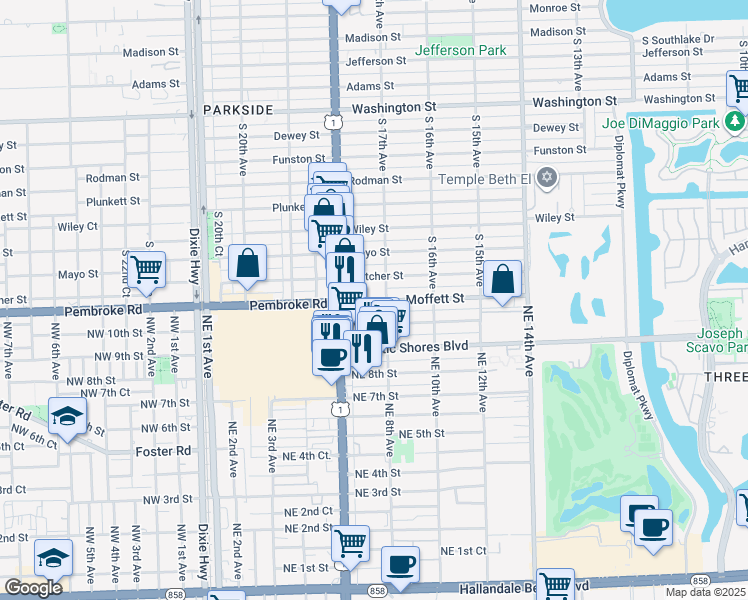 map of restaurants, bars, coffee shops, grocery stores, and more near 800 Moffett Street in Hallandale Beach