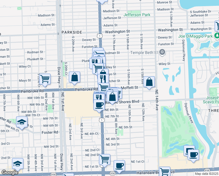 map of restaurants, bars, coffee shops, grocery stores, and more near 616 Moffett Street in Hallandale Beach