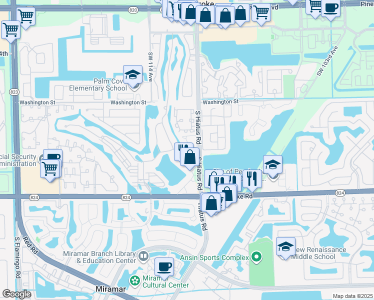 map of restaurants, bars, coffee shops, grocery stores, and more near 11300 Southwest 13th Street in Pembroke Pines