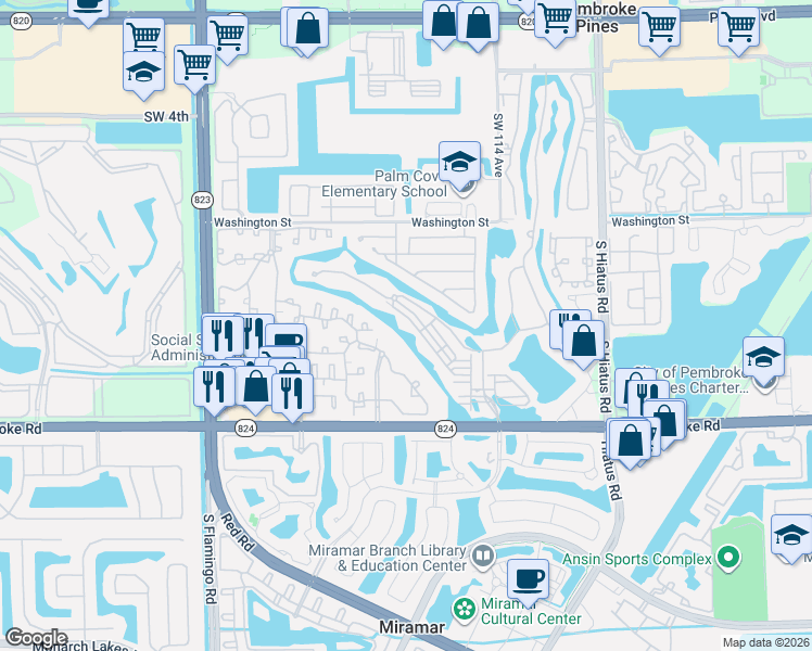 map of restaurants, bars, coffee shops, grocery stores, and more near 11716 Southwest 13th Lane in Pembroke Pines