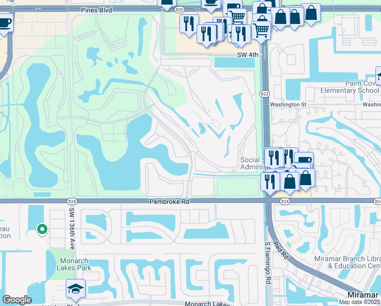 map of restaurants, bars, coffee shops, grocery stores, and more near 1401 Southwest 128th Terrace in Pembroke Pines