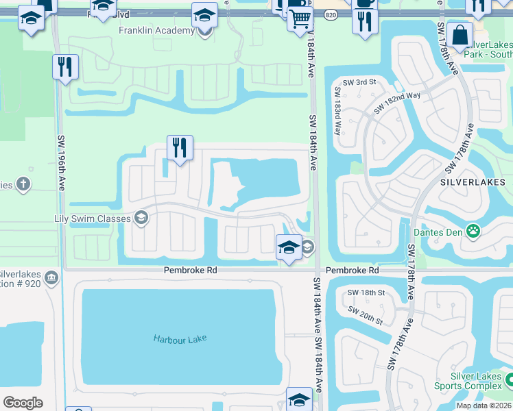 map of restaurants, bars, coffee shops, grocery stores, and more near 18627 Southwest 12th Street in Pembroke Pines
