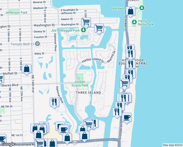 map of restaurants, bars, coffee shops, grocery stores, and more near 934 Northeast 25th Avenue in Hallandale Beach