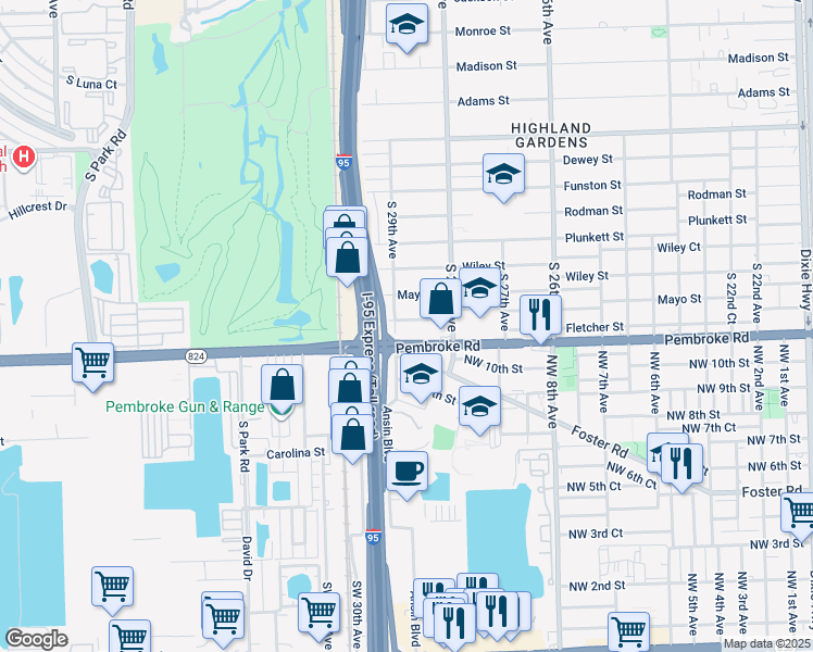 map of restaurants, bars, coffee shops, grocery stores, and more near 2829 State Highway 824 in Hallandale Beach