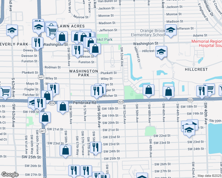 map of restaurants, bars, coffee shops, grocery stores, and more near 5413 Flagler Street in Hollywood