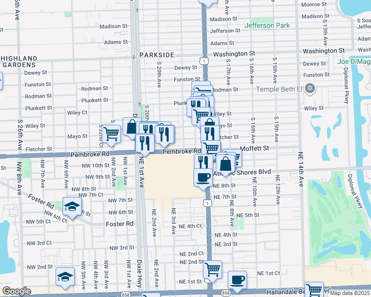 map of restaurants, bars, coffee shops, grocery stores, and more near 1921 East Pembroke Road in Hollywood