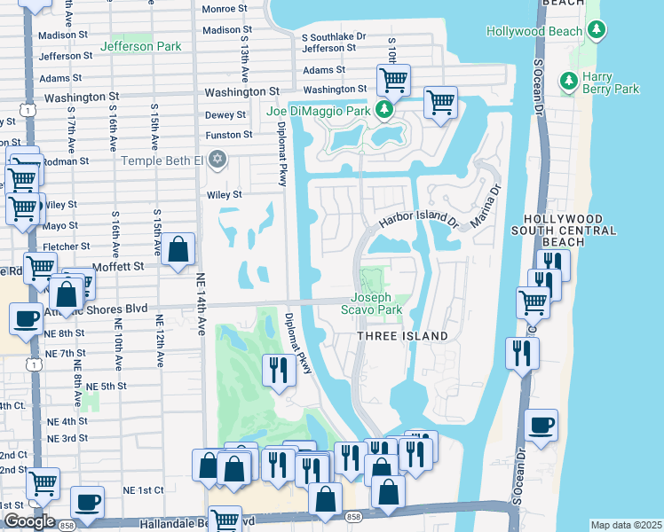 map of restaurants, bars, coffee shops, grocery stores, and more near 3 Islands Drive in Hallandale Beach