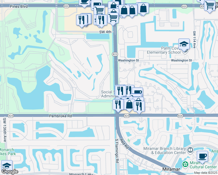 map of restaurants, bars, coffee shops, grocery stores, and more near 1410 Southwest 125th Avenue in Pembroke Pines