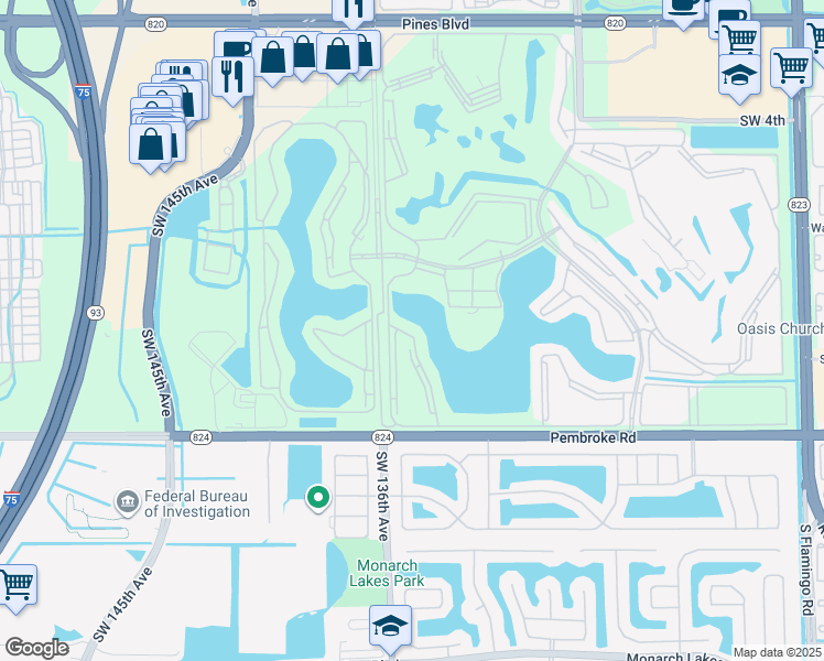 map of restaurants, bars, coffee shops, grocery stores, and more near 1301 Southwest 134th Way in Pembroke Pines