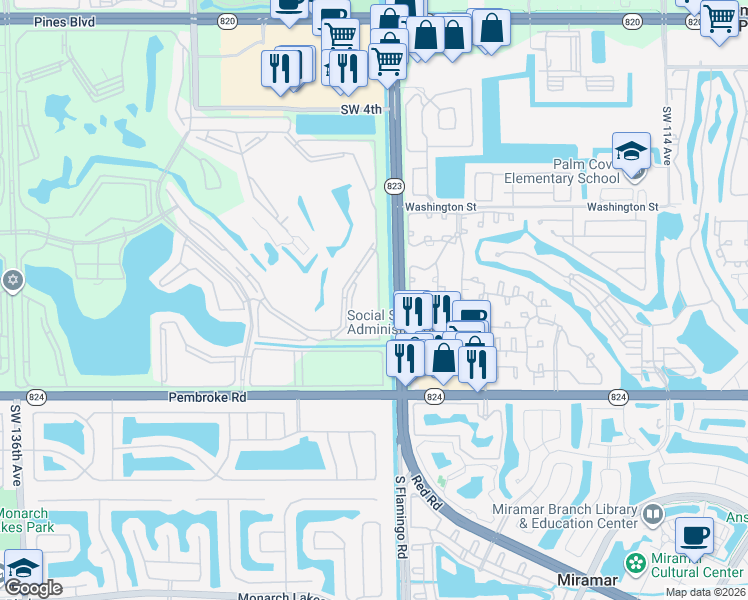 map of restaurants, bars, coffee shops, grocery stores, and more near 1410 Southwest 125th Avenue in Pembroke Pines
