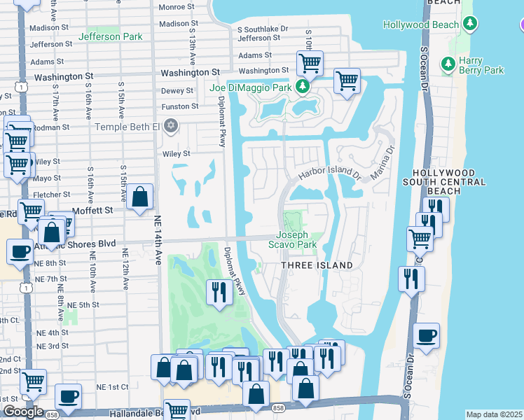map of restaurants, bars, coffee shops, grocery stores, and more near 3 Islands Drive in Hallandale Beach