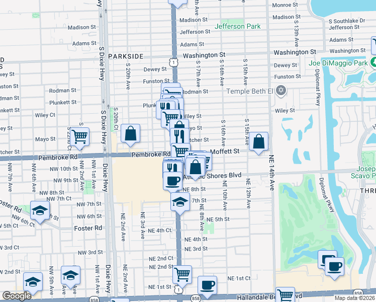 map of restaurants, bars, coffee shops, grocery stores, and more near 616 Moffett Street in Hallandale Beach
