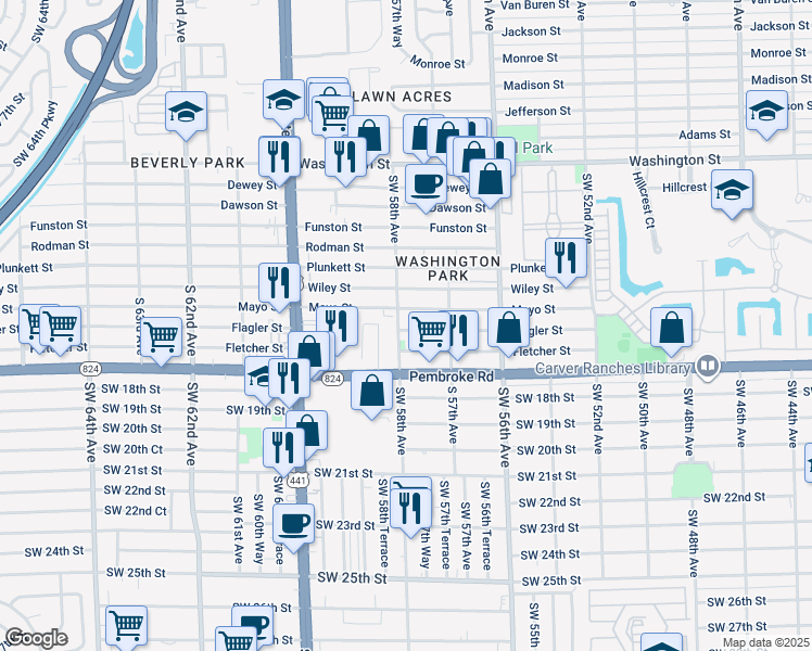 map of restaurants, bars, coffee shops, grocery stores, and more near 5728 Flagler Street in Hollywood