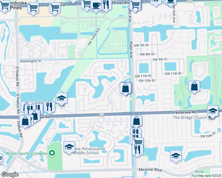 map of restaurants, bars, coffee shops, grocery stores, and more near 1331 Southwest 102nd Avenue in Pembroke Pines