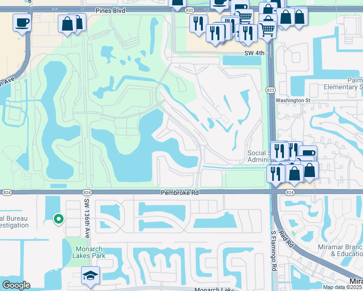 map of restaurants, bars, coffee shops, grocery stores, and more near 12900 Southwest 13th Street in Pembroke Pines